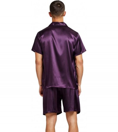 Sleep Sets Satin Silk Pajamas Shorts for Men Rayon Silk Sleepwear Summer Pajama Set - Blue With Golden - C618UI0DNZ4 $36.75