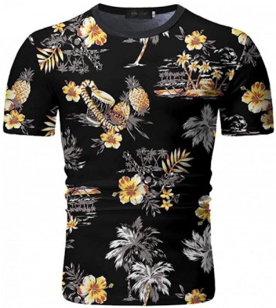 Thermal Underwear Mens Flower Printed T-Shirts- Casual Short Sleeve Crewneck Tees Summer Beach Breatheable Tops - B-black - C...