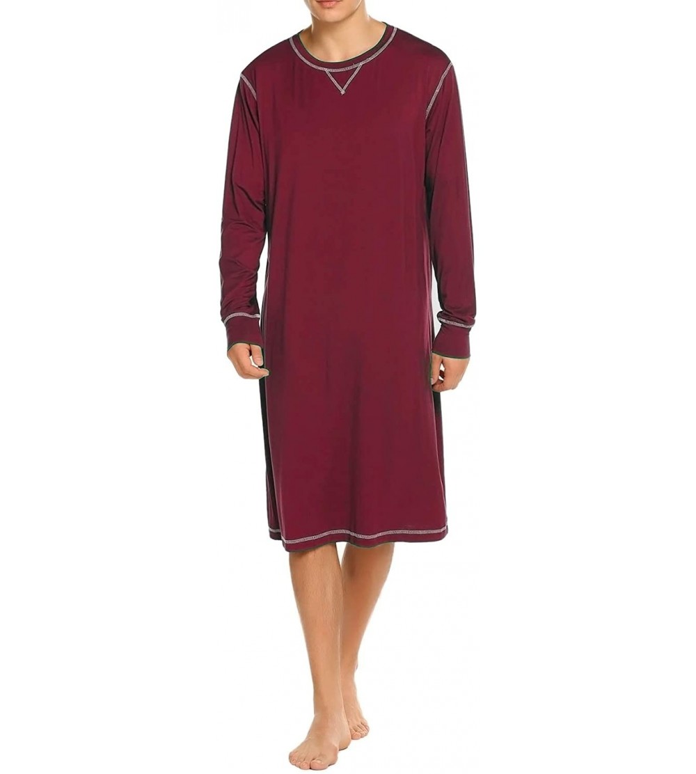 Sleep Tops Men's Nightshirt Long Sleeve Sleepwear Soft Comfy Nightgown Loose Sleep Shirt S-XXL - Wine Red - C0193ZRKG4R $22.63