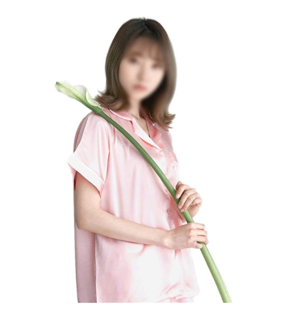 Sleep Sets Couple Silk Pajamas Short-Sleeved Summer Cardigan Silk Ice Silk Men and Women Home Service Suit (Pink) - Pink - CO...