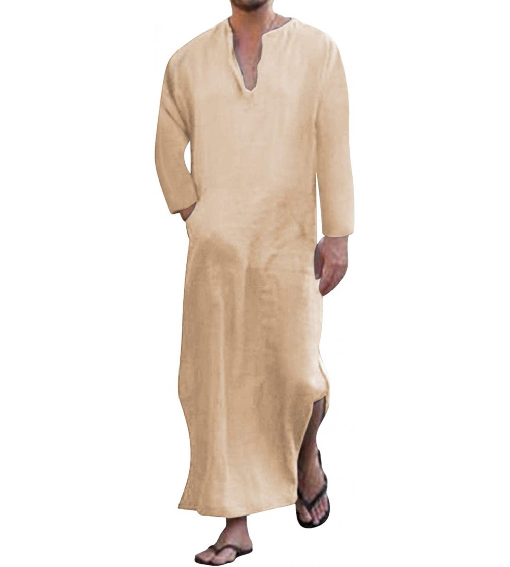 Robes Men's V-Neck Short Sleeve Home Robe Side Split Kaftan Cotton Long Gown Thobe - Khaki 1 - CI19GU9W4RD $20.70