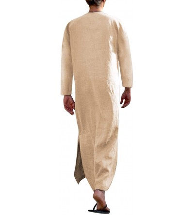 Robes Men's V-Neck Short Sleeve Home Robe Side Split Kaftan Cotton Long Gown Thobe - Khaki 1 - CI19GU9W4RD $20.70