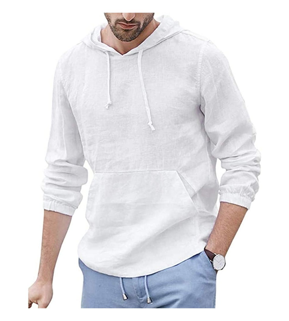 Thermal Underwear Cotton Linen Shirts Men's Baggy Hooded Pocket Solid Long Sleeve Retro Tops - White - CP18XMEHA7R $19.03