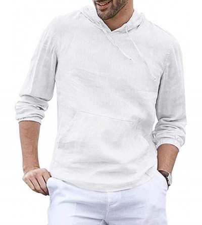 Thermal Underwear Cotton Linen Shirts Men's Baggy Hooded Pocket Solid Long Sleeve Retro Tops - White - CP18XMEHA7R $19.03