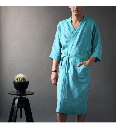 Robes Men Linen Bathrobe Lightweight Long Waffle Kimono Spa Robe Home Wear Nightgown Loungewear Coat - Sky Blue - C7193OTH2XD...