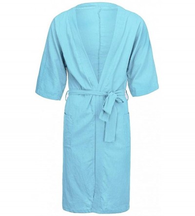 Robes Men Linen Bathrobe Lightweight Long Waffle Kimono Spa Robe Home Wear Nightgown Loungewear Coat - Sky Blue - C7193OTH2XD...