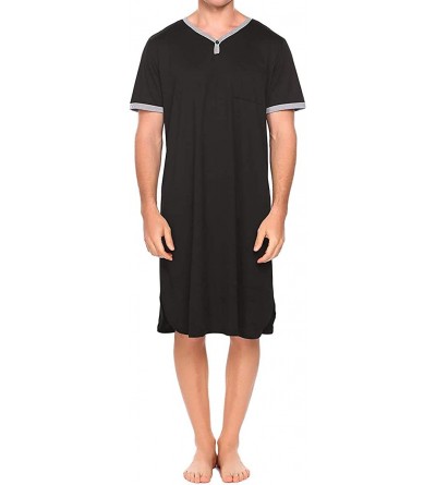 Robes Men's Oversize Nightshirt V-Neck Sleepshirt Short-Sleeve Loose Sleepwear with Chest Pocket Solid Pajamas Nightgown - Bl...