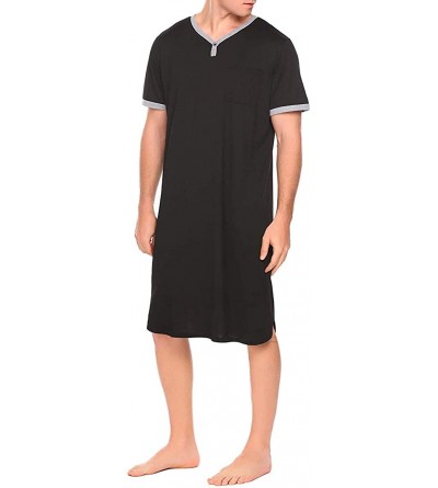 Robes Men's Oversize Nightshirt V-Neck Sleepshirt Short-Sleeve Loose Sleepwear with Chest Pocket Solid Pajamas Nightgown - Bl...