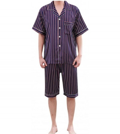 Sleep Sets Summer Men Pyjama Set Solid Silk Striped Suit Short Sleeve Satin Shorts Pajama - Purple - CH18UKY27G3 $34.94