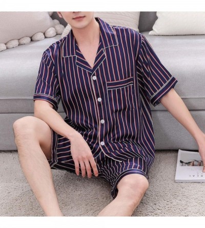 Sleep Sets Summer Men Pyjama Set Solid Silk Striped Suit Short Sleeve Satin Shorts Pajama - Purple - CH18UKY27G3 $34.94