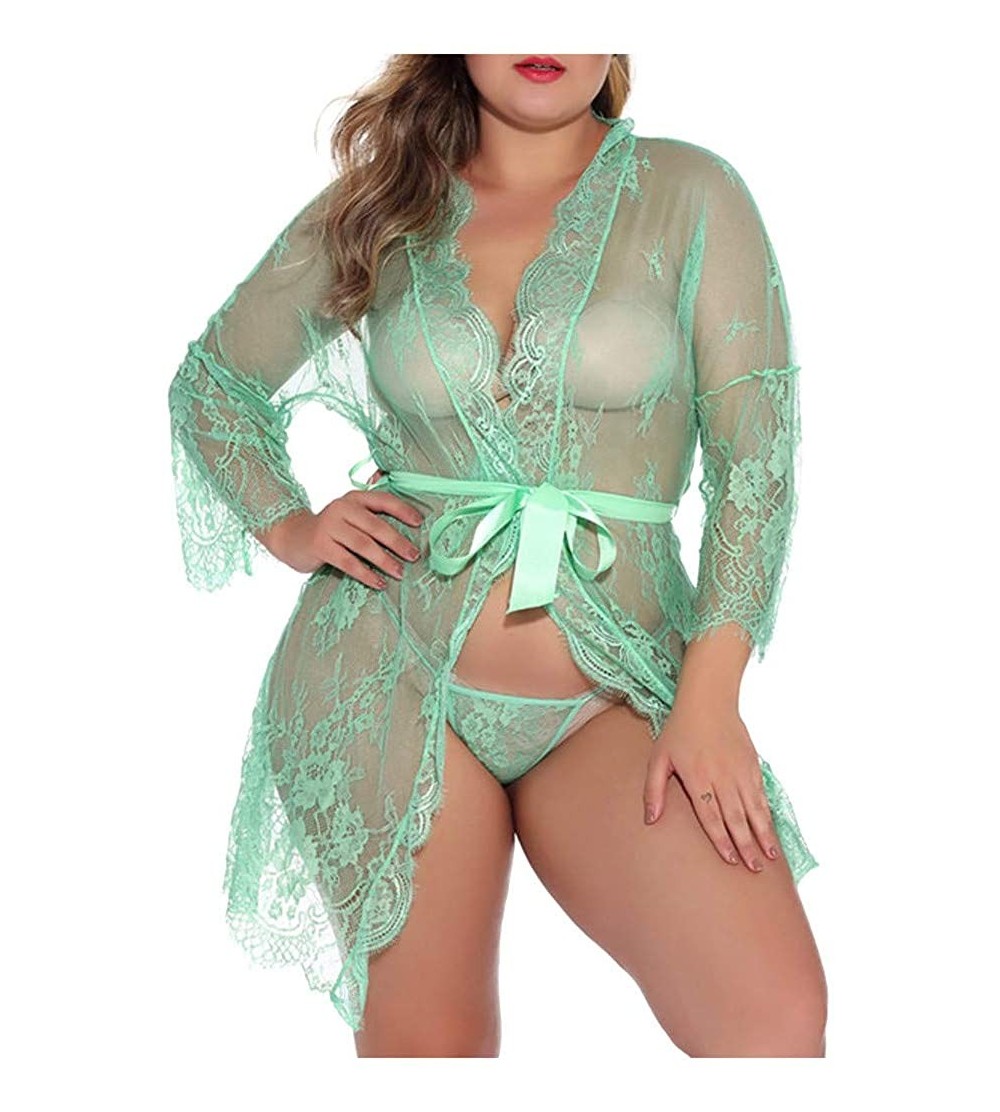 Bras Women Lace Sexy Cardigan Skirt Nightgown Cardigan Lace Pajamas Underwear - Green - CX198UI2UNT $29.92