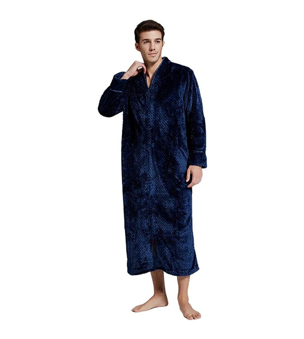 Robes Mens and Womens Zip Up Fleece Long Robe Warm Loose Bathrobe Nightgown Loungewear - Navy - C0193H76QR4 $41.39