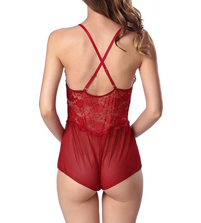 Baby Dolls & Chemises Sexy Womens Lingerie Chiffon Transparent Babydoll G-String Set Front Nightwear Nightdresses - Red - CH1...