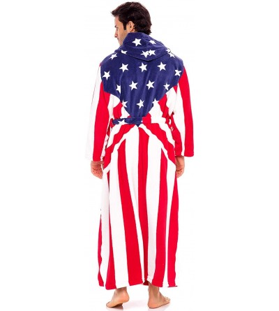 Robes Men's Warm Flannel Fleece Robe with Hood- Big and Tall Bathrobe - American Flag Classic - CF194695QU6 $42.10