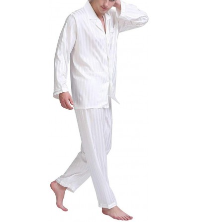 Sleep Sets Men Silk Satin Pajamas Set Long Sleeve Lapel Cardigan Trousers Sleepwear Loungewear - Stripe White - C419COQIL44 $...