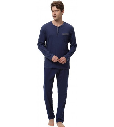 Sleep Sets Men's Pajama Pants Set 100% Cotton Long Sleeve Sleepwear Lounge - Y-dark Blue - CC18LH3MHGE $62.88
