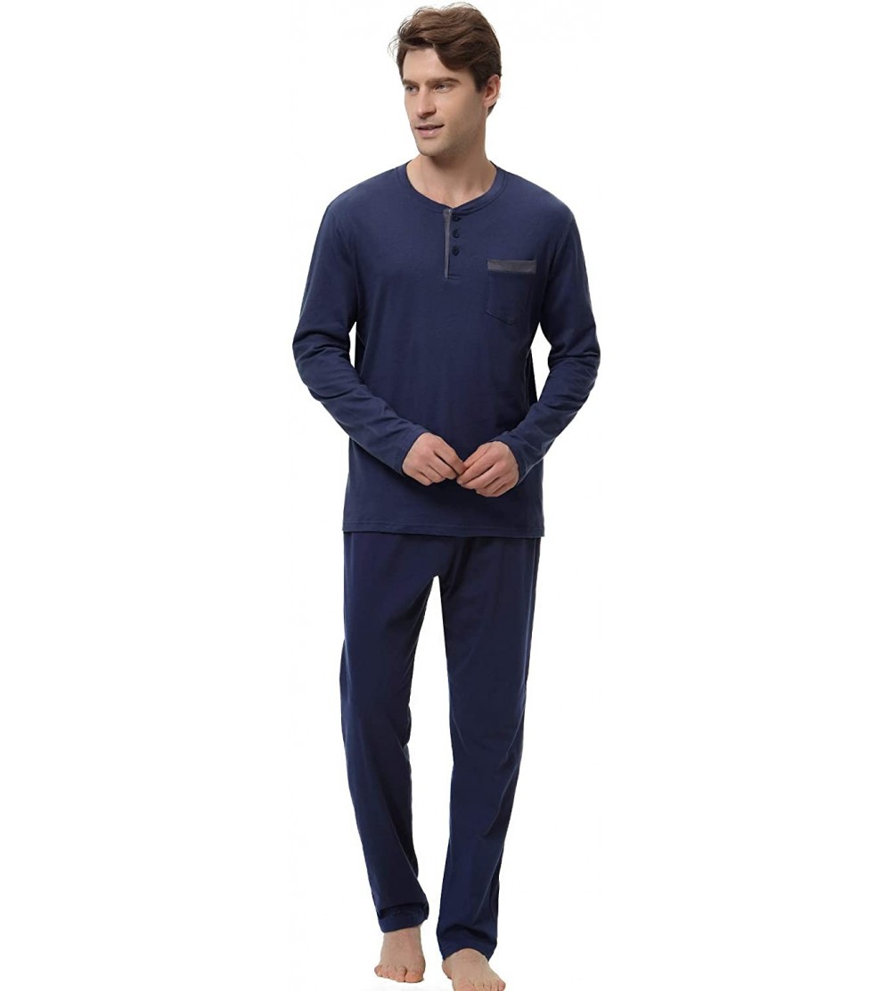 Sleep Sets Men's Pajama Pants Set 100% Cotton Long Sleeve Sleepwear Lounge - Y-dark Blue - CC18LH3MHGE $33.58