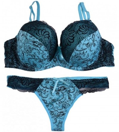 Bras Women Plus Size Sexy Padded Bra Set Lace Printed Push up Bra and Panty Set - Blue - C818906EZ5G $10.30