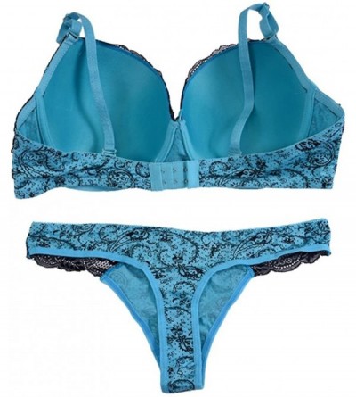 Bras Women Plus Size Sexy Padded Bra Set Lace Printed Push up Bra and Panty Set - Blue - C818906EZ5G $10.30