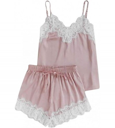 Bras Women Sleepwear Sleeveless Strap Nightwear Lace Trim Satin Cami Top Pajama Sets - Pink - CL18UQ3XUL7 $10.52