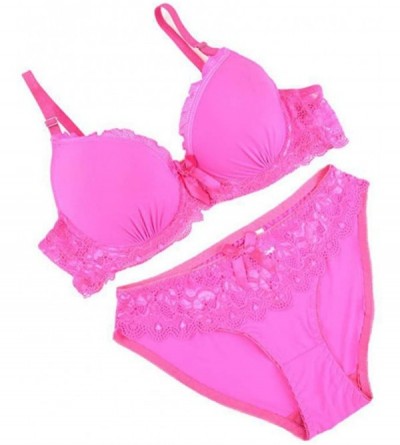 Bras Women Plus Size Lace Bra Sets Solid Color Push up Underwire Bra + Brief Sets - Rose Red - CY184QZQL0H $11.87