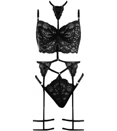 Bras Women's Sexy Lingerie Corset Babydoll Bandage Bodysuit Underwear Set Hollow Out Bra Lace Fishnet Sleepwear - Black - C11...