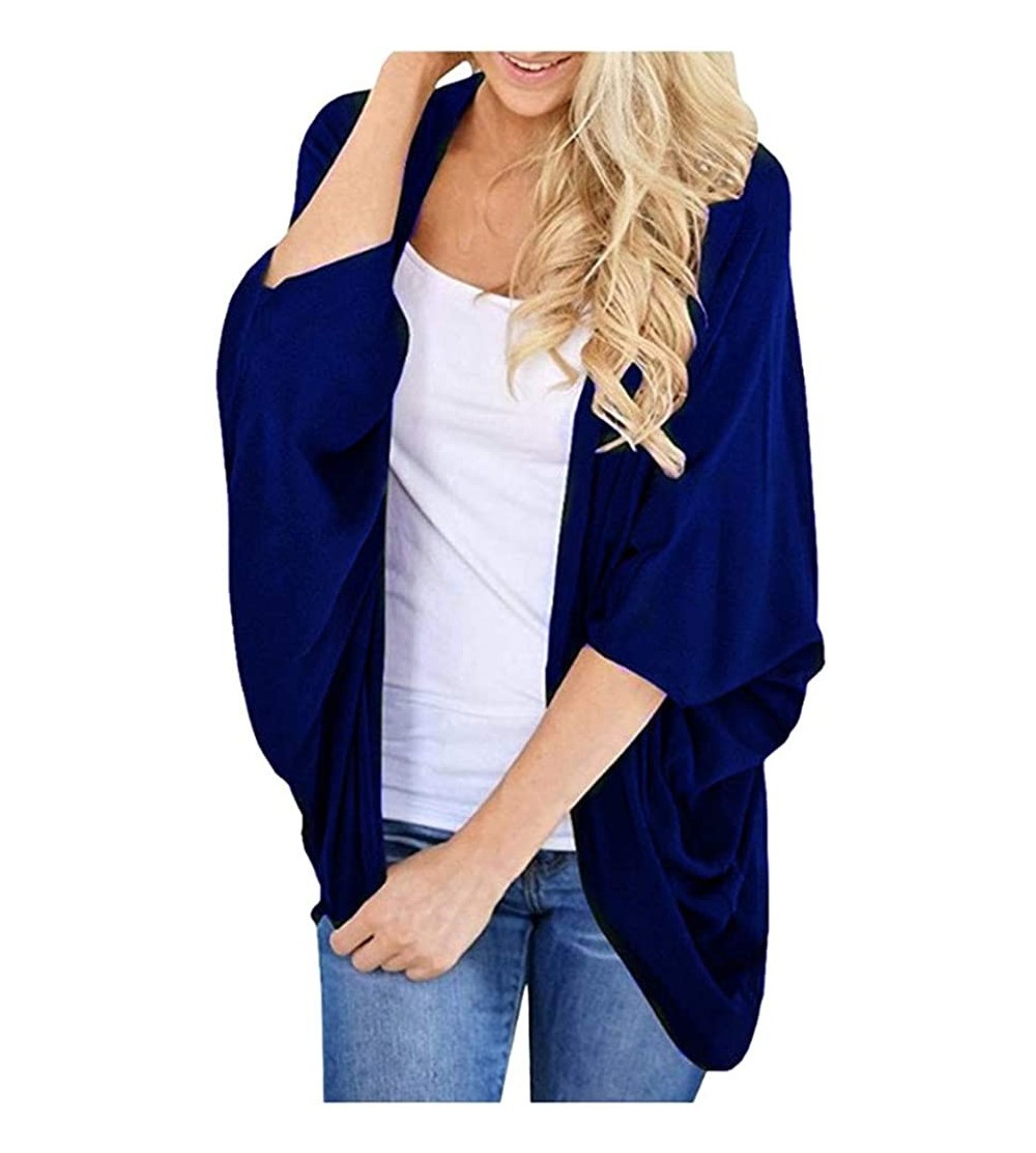 Bras Womens Solid Chiffon Kimono Cardigans Short Sleeve Loose Tops Casual Jacket - Navy - CX1945DT02S $14.49