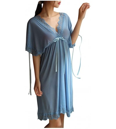 Baby Dolls & Chemises Women Sexy Pajamas Skirt Ladies Lace V-Neck Short Sleeve Loose Perspective Sleepwear Nightdress - Blue ...
