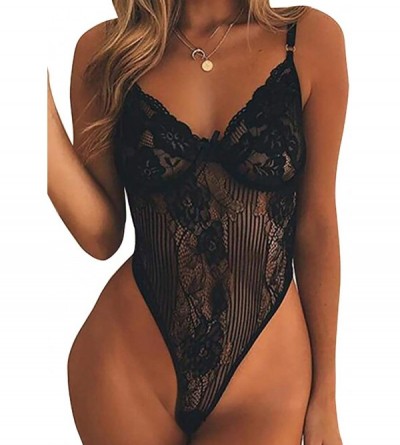 Baby Dolls & Chemises Women Floral Embroidery One Piece Babydoll Lace Lingerie - Black - CO18QOIHYG2 $15.40