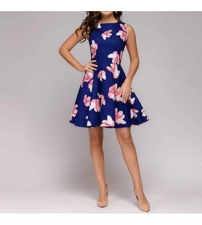 Bras Womens Floral Printed Sleeveless Dress Fashion Slim Fit O Neck Sleeveless Swing Dresses - Navy - C7195XRD64X $17.23