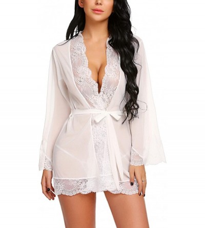 Baby Dolls & Chemises Women Lace Kimono Robe Babydoll Sexy Lingerie Mesh Chemise Nightgown Cover Up - White - CS18UYI8I47 $38.93