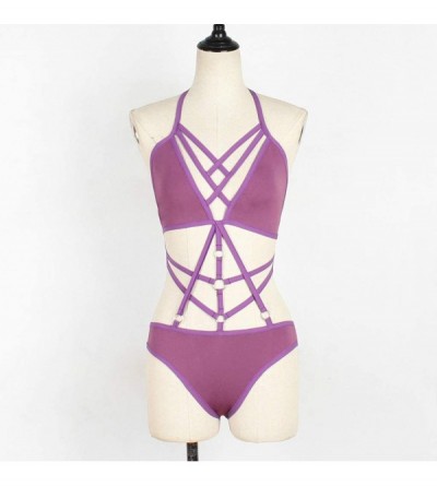 Baby Dolls & Chemises Women's Criss Cross Lingerie Set Babydoll Corset Bralette Underwear Solid Bikini Jumpsuits - Purple - C...