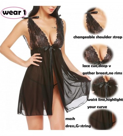 Baby Dolls & Chemises Lingerie for Women Sexy Lace Babydoll Deep V Neck Nightdress Open Front Chemise Outfit - Black - C618XT...