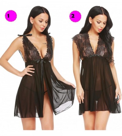 Baby Dolls & Chemises Lingerie for Women Sexy Lace Babydoll Deep V Neck Nightdress Open Front Chemise Outfit - Black - C618XT...
