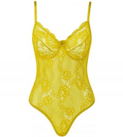 Baby Dolls & Chemises One Piece Lingerie for Womens Sexy Underwire Teddy Snap Crotch Lace Bodysuit - Yellow-underwire - CZ199...