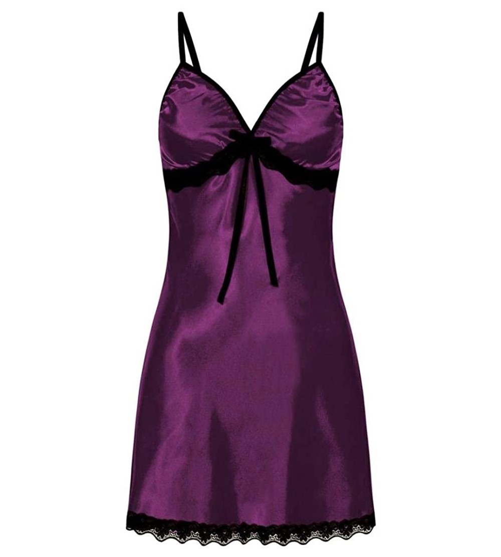 Baby Dolls & Chemises PJ Women's Nighte Dress Plus Size Lace Bow Lingerie Babydoll Nightwear Sleepskirt - Purple - CG18HGI59L...