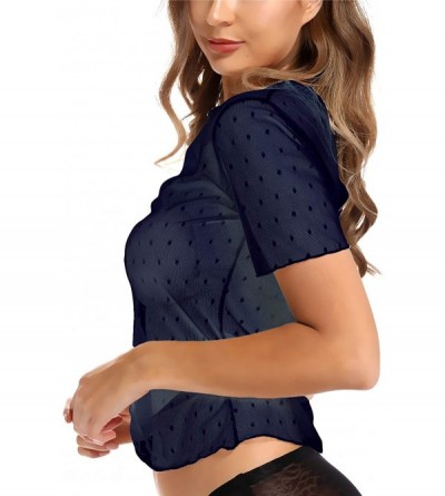 Baby Dolls & Chemises Women's Sexy Sheer Dot Mesh Tee Clubwear See Through Tops T-Shirt Blouse Night Out - Navy Blue - C518UI...