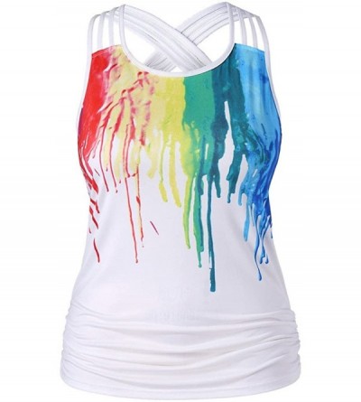 Baby Dolls & Chemises Criss Cross Sleeveless Ruched Paint Drip Tank Tops Blouse Rainbow Pullover Shirt for Women - Multicolor...