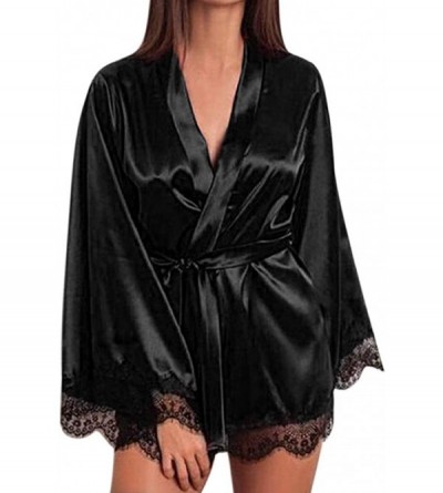 Bustiers & Corsets Women Underwear Women Satin Nightdress Silk Lace Lingerie Nightgown Sleepwear Sexy Robe - Black - CD18NGRS...