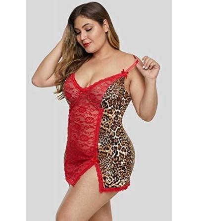 Baby Dolls & Chemises Lingerie for Women Sexy V-Neck Babydoll Leopard Animal Print Lingerie Oversize Dress - Red Leopard - CH...