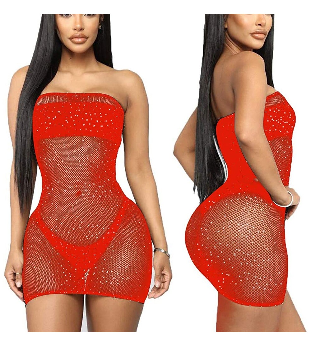 Accessories Women Sexy Mesh Lingerie Hollow Out See-Through Underwear One Piece Bandeau Lingerie Bodysuit Dress - Red - C4196...