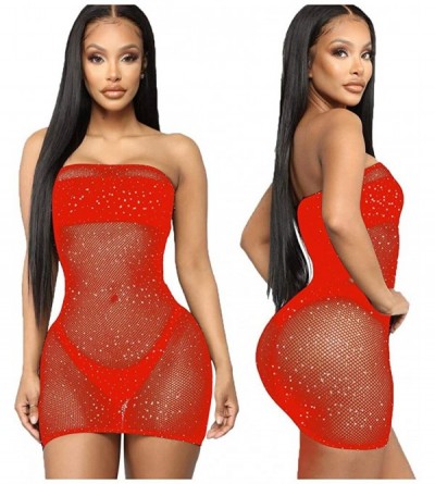 Accessories Women Sexy Mesh Lingerie Hollow Out See-Through Underwear One Piece Bandeau Lingerie Bodysuit Dress - Red - C4196...