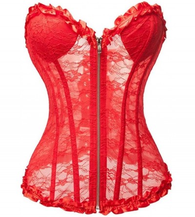 Bustiers & Corsets Women's Sexy Boned Lace up Corsets Bustiers Top Overbust Shaper - Red - CC18LQ9S6O0 $79.81