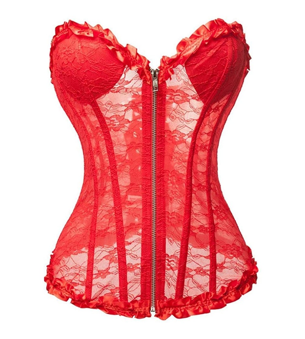 Bustiers & Corsets Women's Sexy Boned Lace up Corsets Bustiers Top Overbust Shaper - Red - CC18LQ9S6O0 $42.57