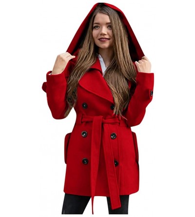Baby Dolls & Chemises Women's Coat Outwear Winter Trench Coat Long Sleeve Hairy Button Hooded Outerwear with Pockets - Red - ...