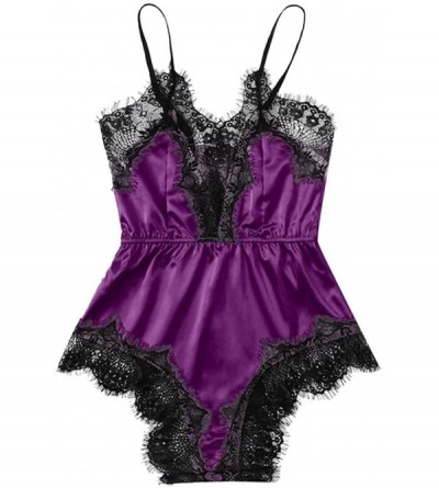Baby Dolls & Chemises Women Satin Lace Bra Sexy Camis Lingerie Underpant Siamese Sleepwear Bodysuit Babydoll - Purple - CU18N...