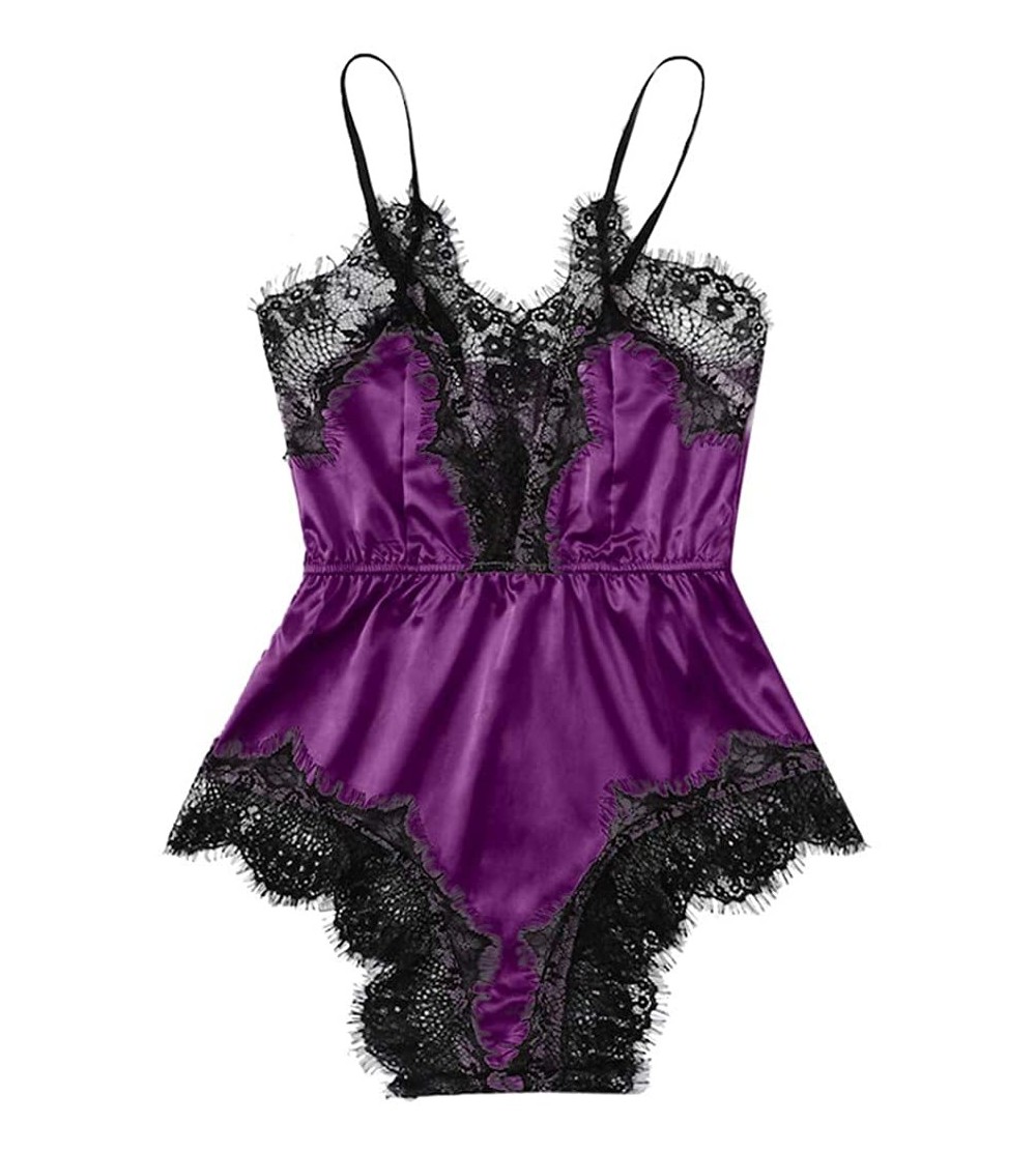 Baby Dolls & Chemises Women Satin Lace Bra Sexy Camis Lingerie Underpant Siamese Sleepwear Bodysuit Babydoll - Purple - CU18N...