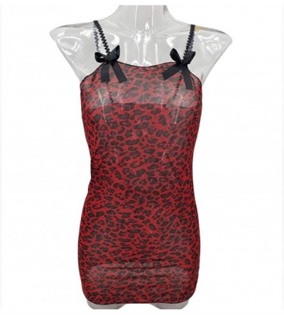 Baby Dolls & Chemises Sexy Women Bow Leopard Print Lace Trim Lingerie Babydoll Mini Dress + G-String - Red - CZ18OXSLHTG $10.52