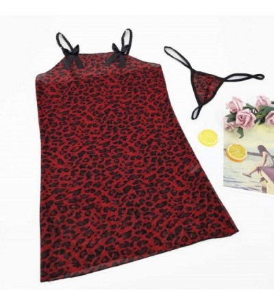 Baby Dolls & Chemises Sexy Women Bow Leopard Print Lace Trim Lingerie Babydoll Mini Dress + G-String - Red - CZ18OXSLHTG $10.52