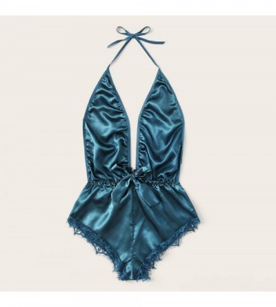 Baby Dolls & Chemises Sexy Lingerie Erotic Women V-Neck Lace Stain Bow Sleepwear Pajamas Silk Nightdress - Blue - CJ19C29L2HK...